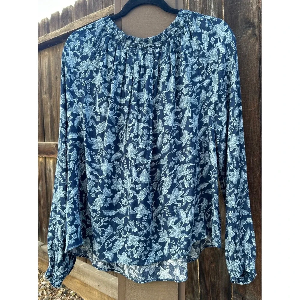 Faherty Blouse Womens XS Blue Floral EcoVero Viscose Boho Peasant Top